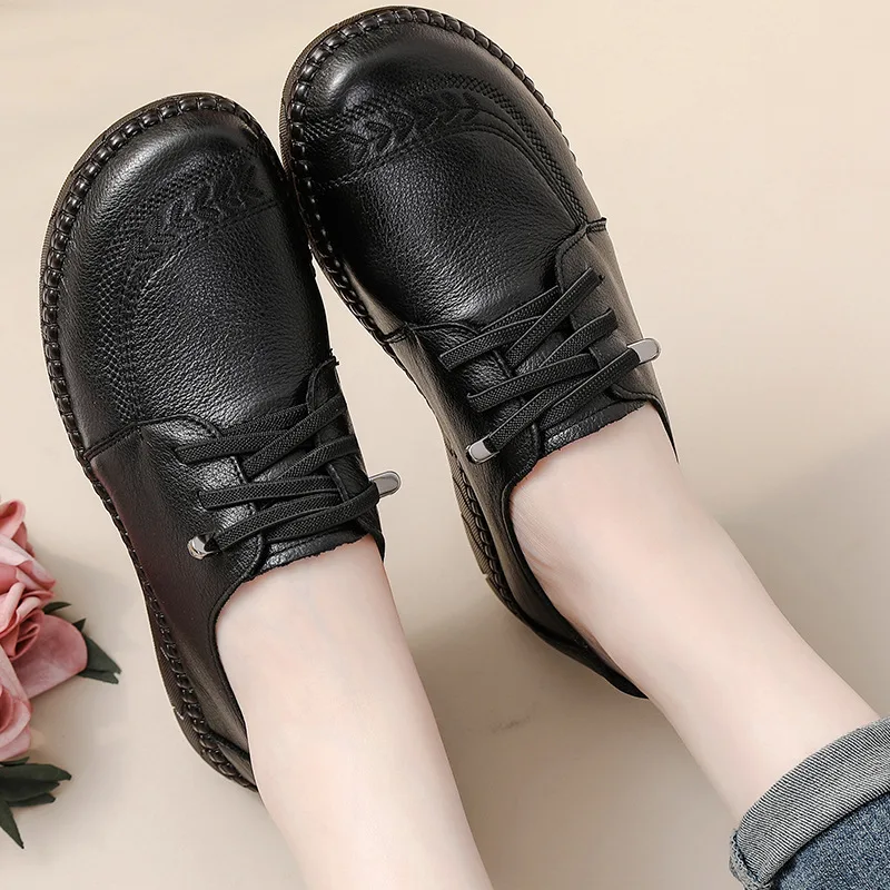 New Cowhide Retro Ethnic Style Women Shoes Comfortable Tendon Soft-Soled Mother Shoes Genuine Leather Thick-Soled Leather Shoes