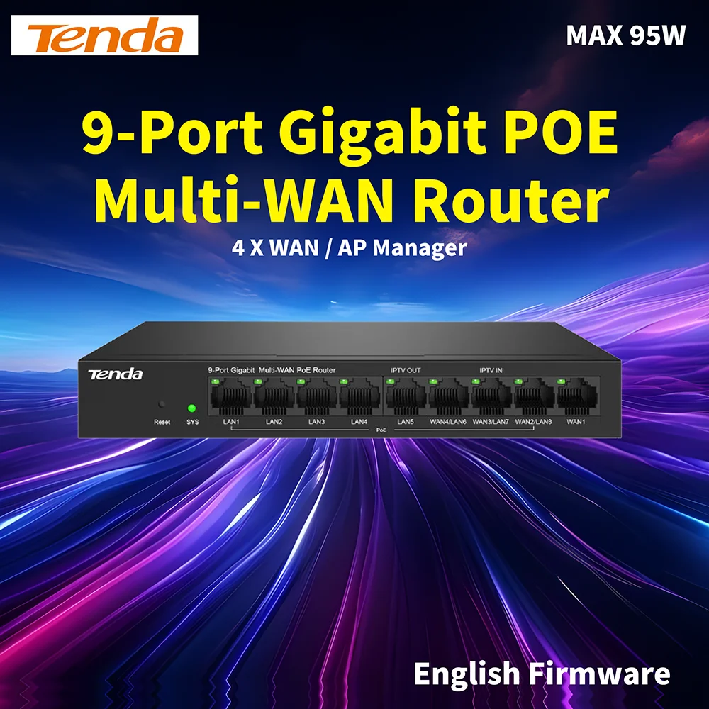 Tenda 9 Port Gibabit Multi Wan POE Router 4XWan 8port POE Switch AP Controller Pppoe Server English Web Manager App G0-8G