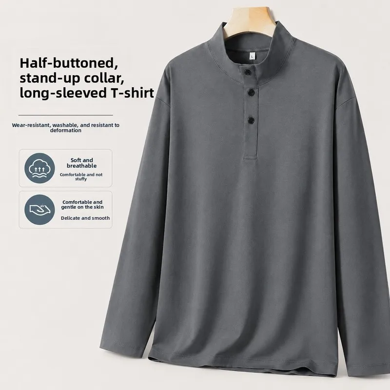 QICHE New Chinese Mock Neck Henley T Shirt Unisex 250G Simple Long Sleeve Top