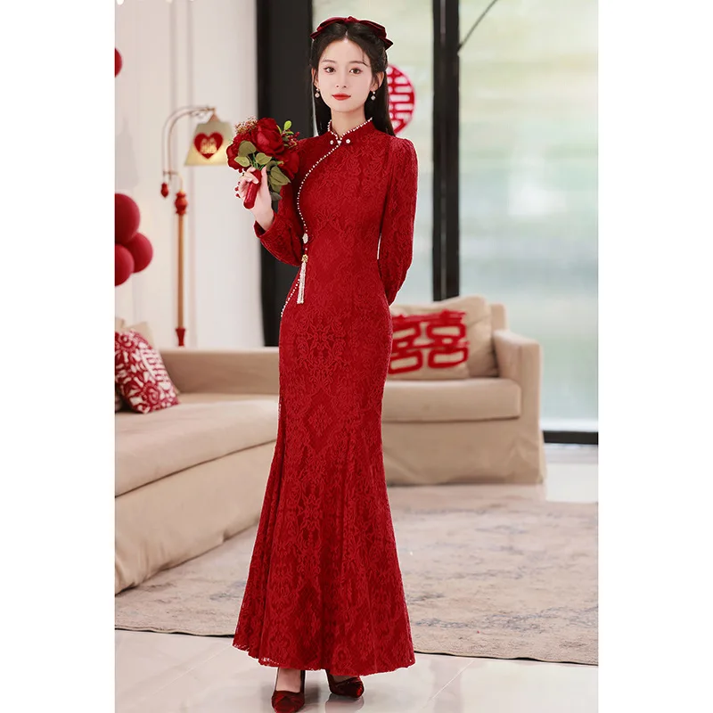 

Yourqipao Cheongsam с рыбьим хвостом, тост, обручальная одежда, темперамент невесты, красное кружево, свадебное платье в китайском стиле, Qipao для женщин