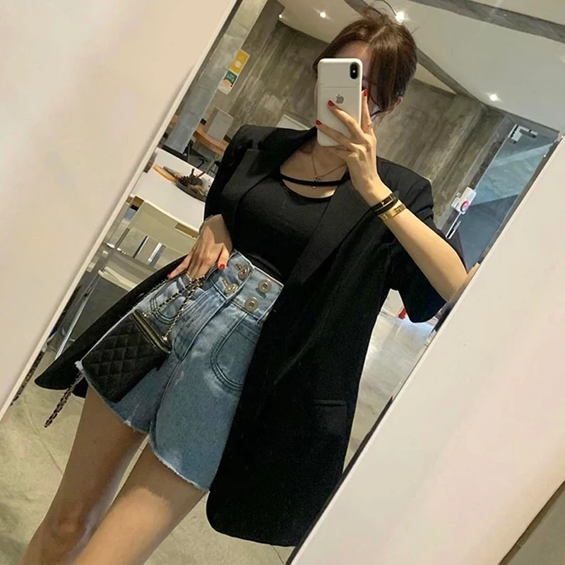 South korea Chic Graceful Outerwear Women French sle Elegant Back Slit Design Sense Suit Summer Short sleeve Outdoor Top