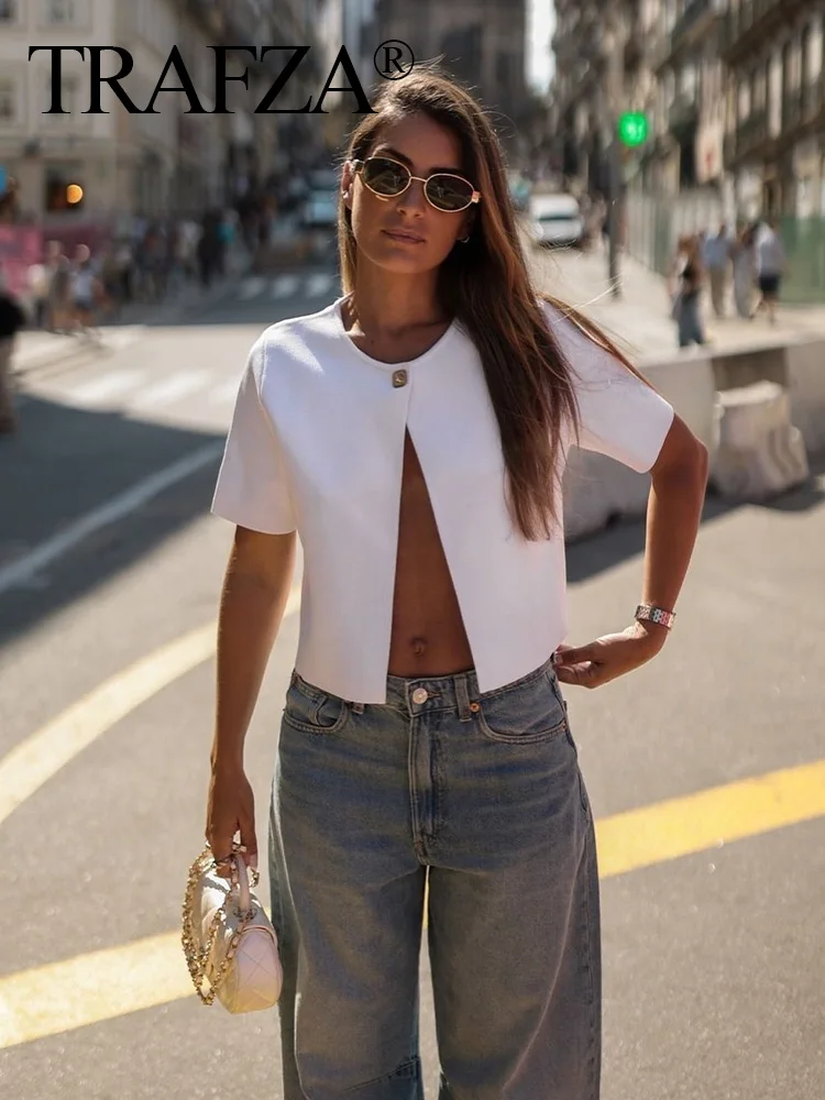 TRAFZA 2024 Female T Shirt Solid White Short Sleeves One Button Cardigans Slim Knitted Tops Summer Cropped Tops Casual Style