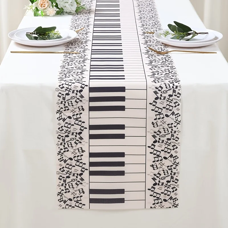 Black White Musical Note Piano Key Polyester Table Runner Music Themed Dining Room Decor Piano Accessory Christmas Table Decorat