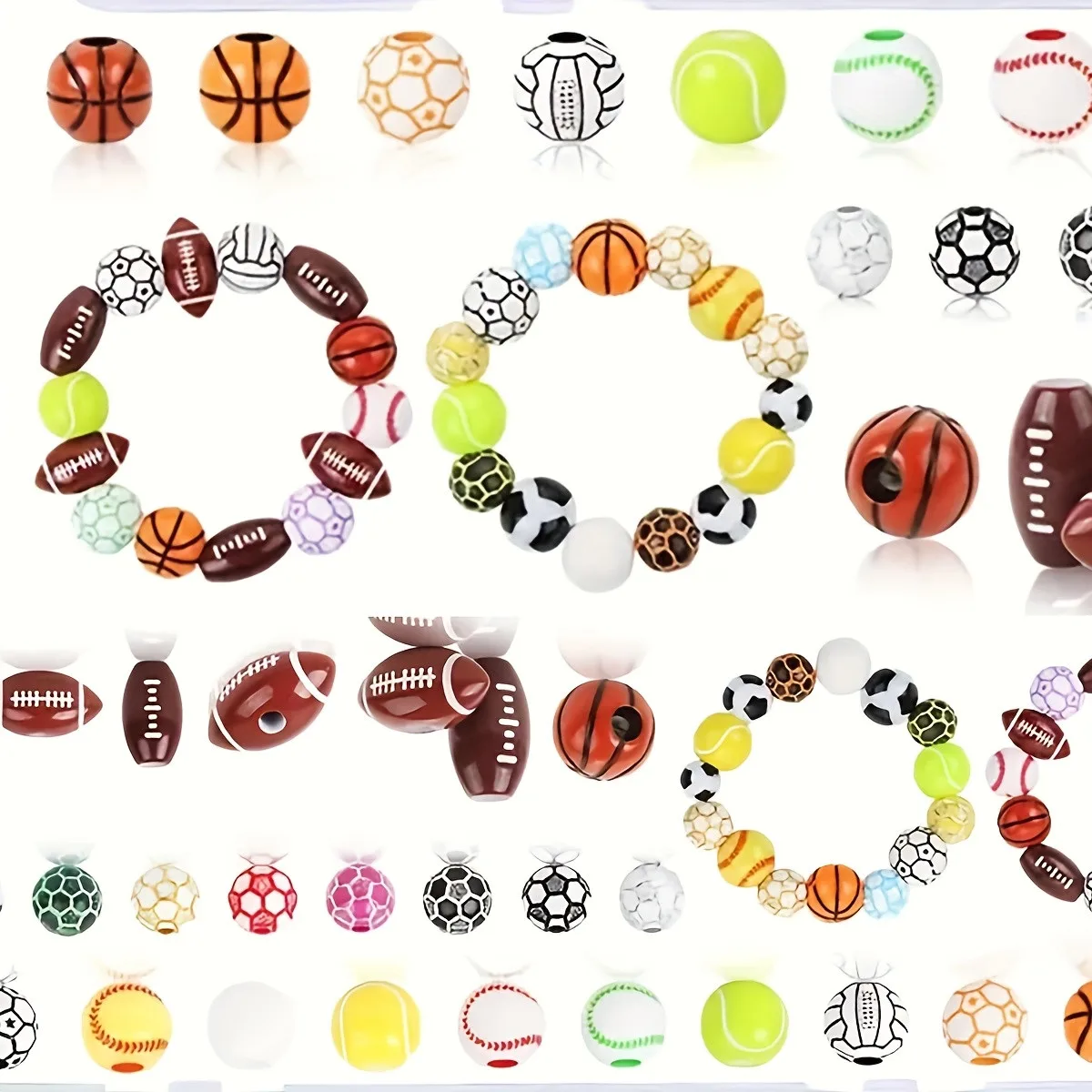 80 Stück zufällige Acryl-Perlen im Sportstil: Basketball, Fußball, Baseball, Rugby, gemischte DIY-Halsketten-Accessoires – Detail 4