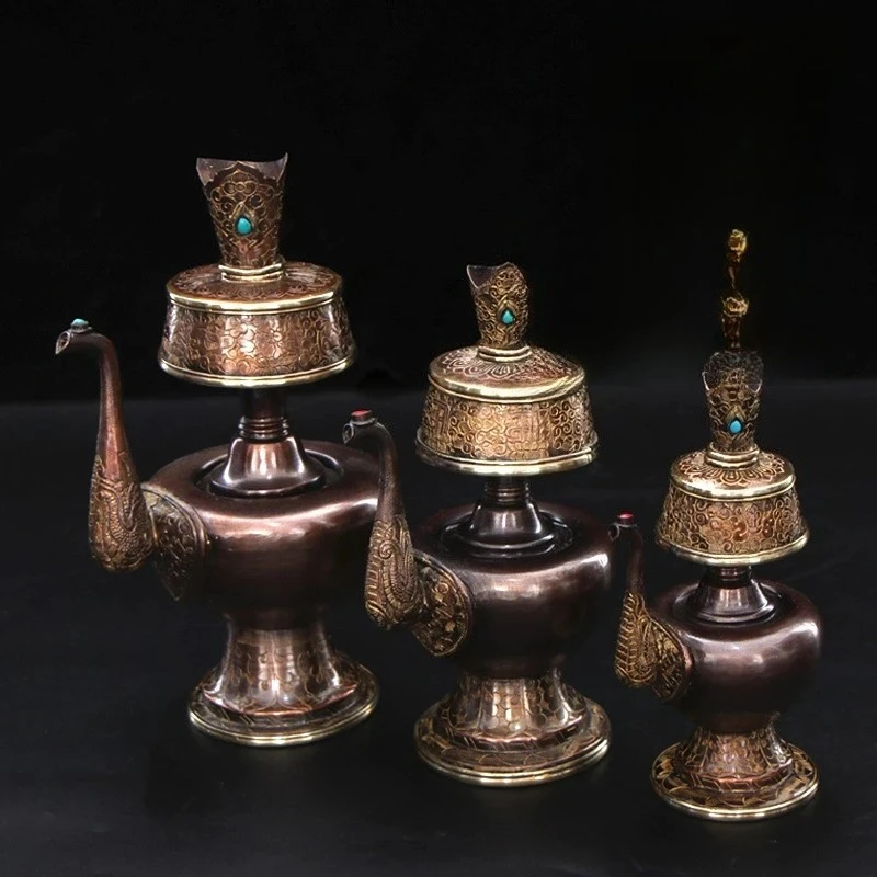 Tibetan Gilded Offering Bumpa Pot Nepal Purple Copper Engraved Holy Water Bottle Career Treasure Vase