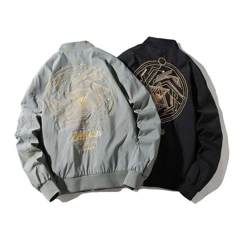 Retro Pattern Fleece Lined Jacket Men's Casual Loose Baseball Print Outerwear Polyester Youth Trend Spring Autumn Winter