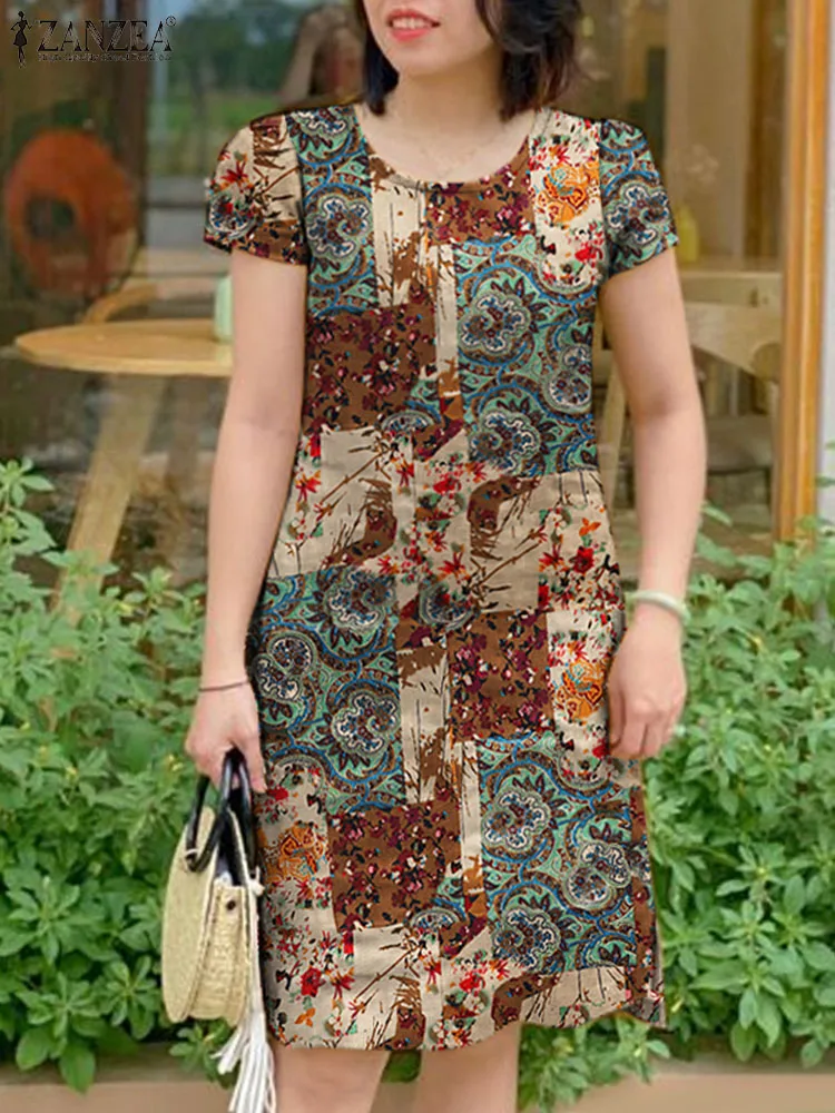 ZANZEA Summer Floral Printed Dress Robe Femme Vintage manica corta Sundrerss Women Elegant Work Vestidos Bohemain Beach Dresses