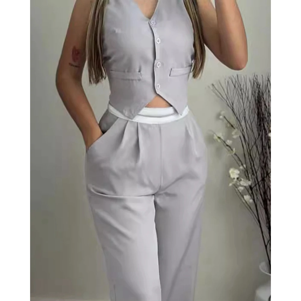 Women Fashion Sleeveless Vest Cropped Top & Ruched High Waist Pants Set Workwear Fake Pocket Womens Two Piece Sets Outfits Cloth