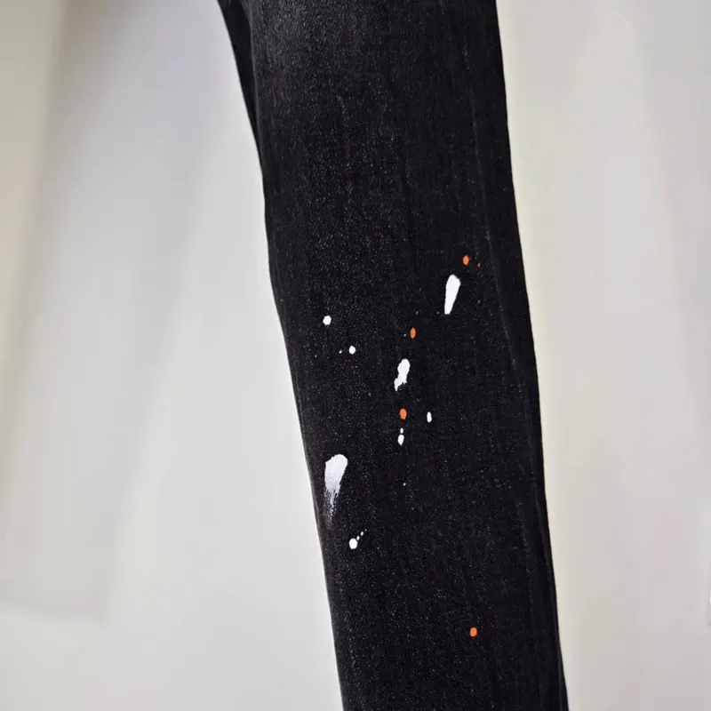 Street fashion men's black jeans, high-quality stretch slim fit painted corrugated jeans designer retro brand retro long pants h