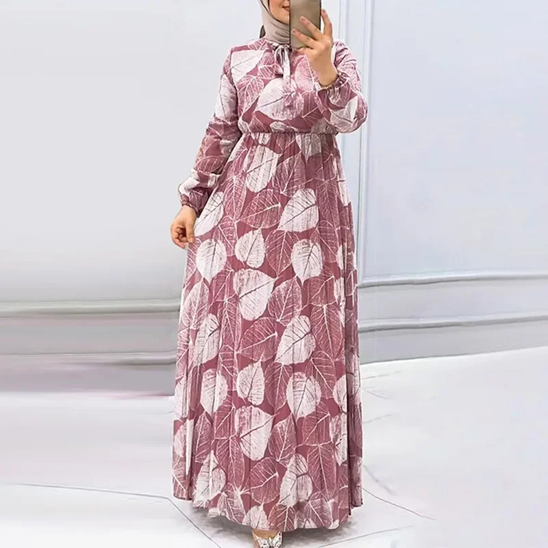 Muslim Turkey Kaftan Loose Robe Femme Caftan Islam Clothing Pleated Dress with Leaf Pattern Dress for Women Casual Dubai Abayas