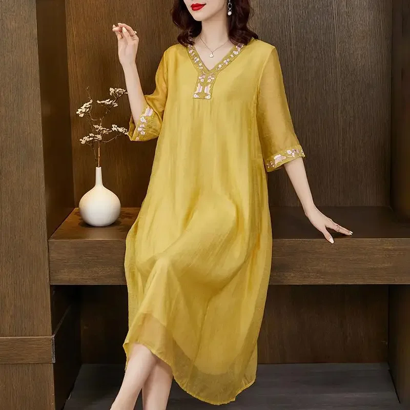 Casual Summer Half Sleeve Dresses 2024 Female Clothing Stylish Embroidery Loose Straight All-match Solid Color V-Neck Midi Dress