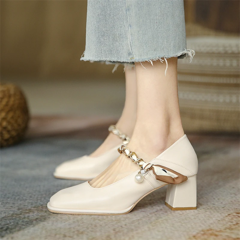 Fashion Genuine Leather Mary Jane Women's Chunky Heel New Chain Pearl Ribbon Style Lady Elegant Shoes