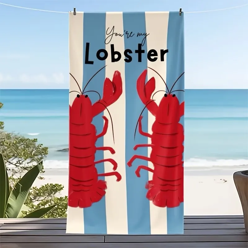 Oversized Red Lobster Beach Towel Blue White Striped Microfiber Towel for Summer Vacation and Pool Days