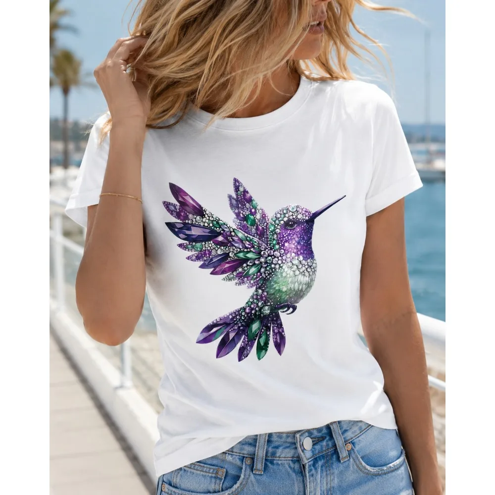 Light Luxury Faux Diamond Hummingbird Flat Print Round Neck Short sleeve T-shirt Outdoor Fashion Casual Design in Vibrant Colors