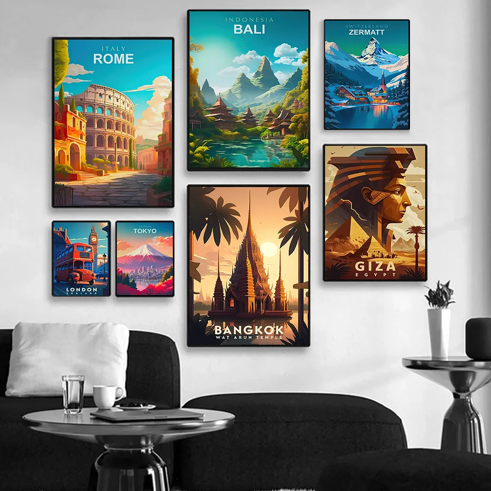 1pc Vintage travel poster - iconic landmarks of Rome, Bali, Bangkok, London, Tokyo, Zermatt and Giza - colorful wall art