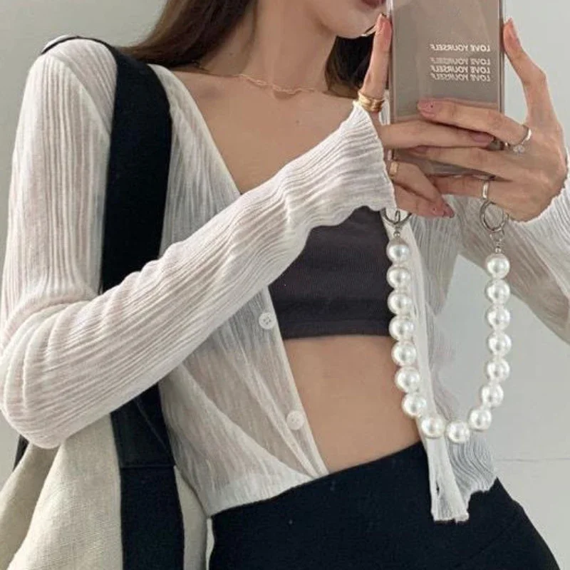 Women's Sunscreen Cardigan V-Neck Thin Casual Long-Sleeved Solid Blouse Tops for Woman Summer Black White Y2K Casual Shirt