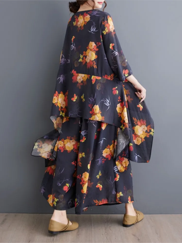 Übergroßes Sommerblumen-2-Zweiteiler-Set für Damen, T-Shirt, modisch, unregelmäßige Damenblusen, lockere Damenhose mit weitem Bein