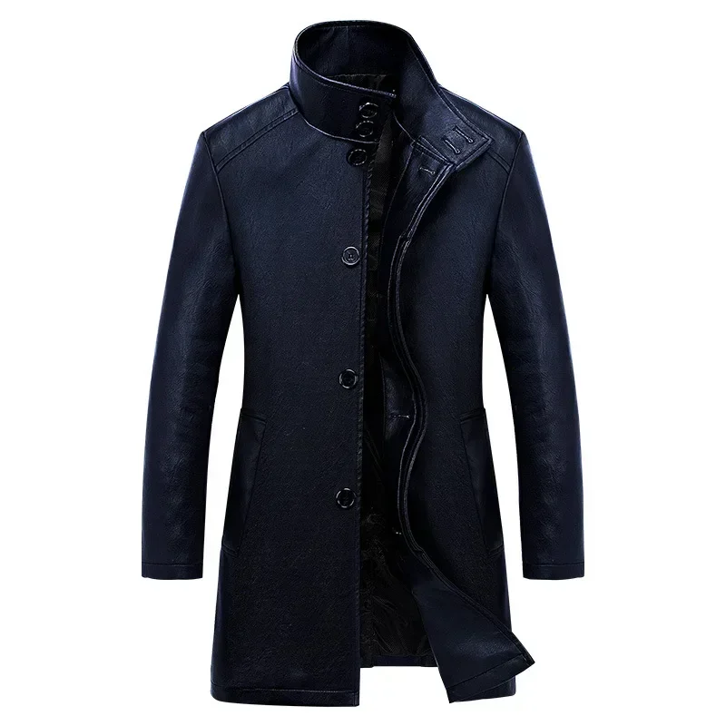 New Autumn Winter Middle-Aged Men Leather Clothing with Stand Collar Men Mid-Length Leisure Loose Black Leather Trench Coat