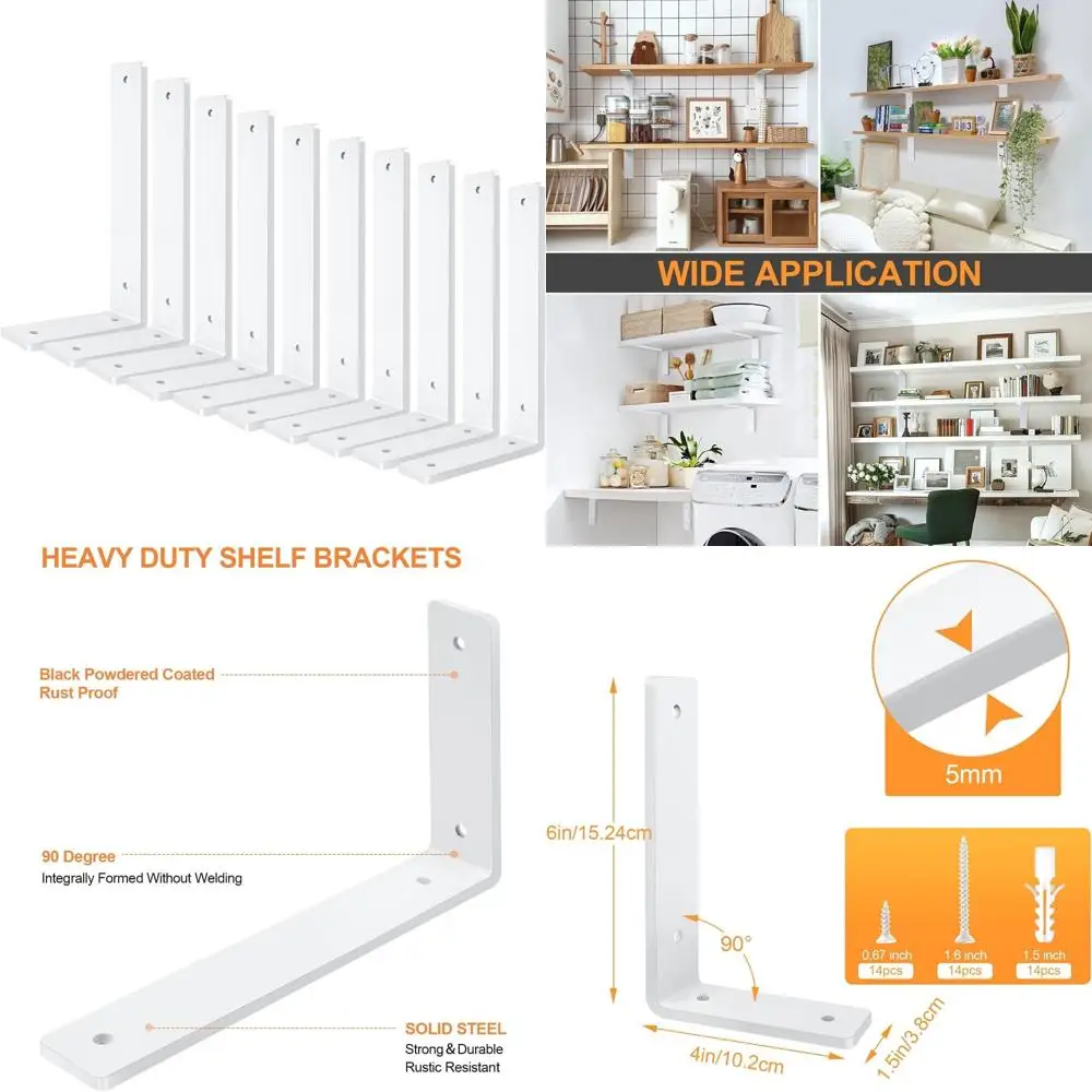Heavy Duty 6 Inch Rustic L-Shaped Wall Shelf Brackets - 10 Pack for DIY Decorative Shelves and Home Improvement Projects