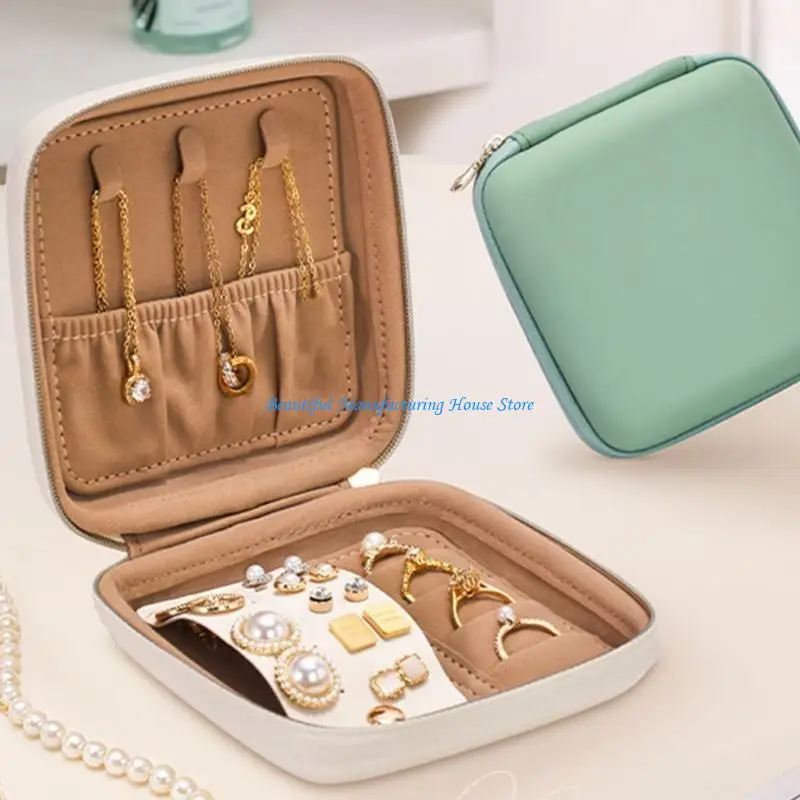 E56A حافظة مجوهرات جلدية أنيقة قابلة للحمل، صندوق عرض للأقراط مع شكل مربع لخواتم القلادة والسوار