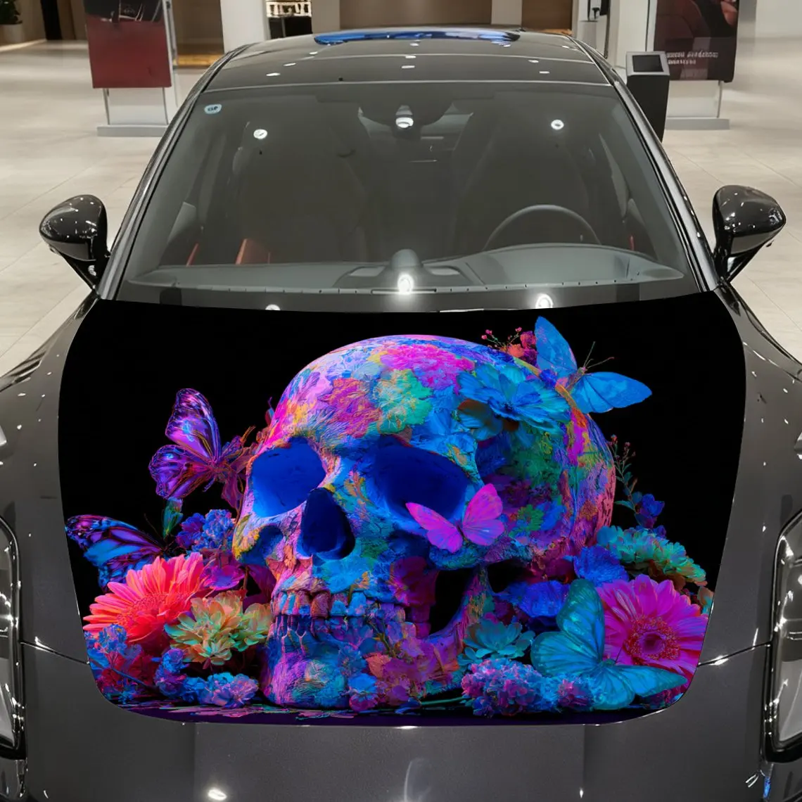 Adesivo colorido da decalque do capô do carro do crânio e da flor, decalque da motocicleta e do caminhão, acessórios duráveis autoadesivos do carro, u