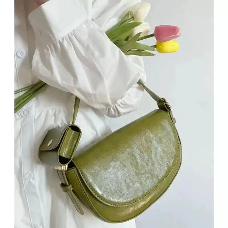 Bloom Vintage Green Shoulder Women High Street Leather Casual Saddle Bag Handbag Female Retro Solid Crossbody Bags Ladies