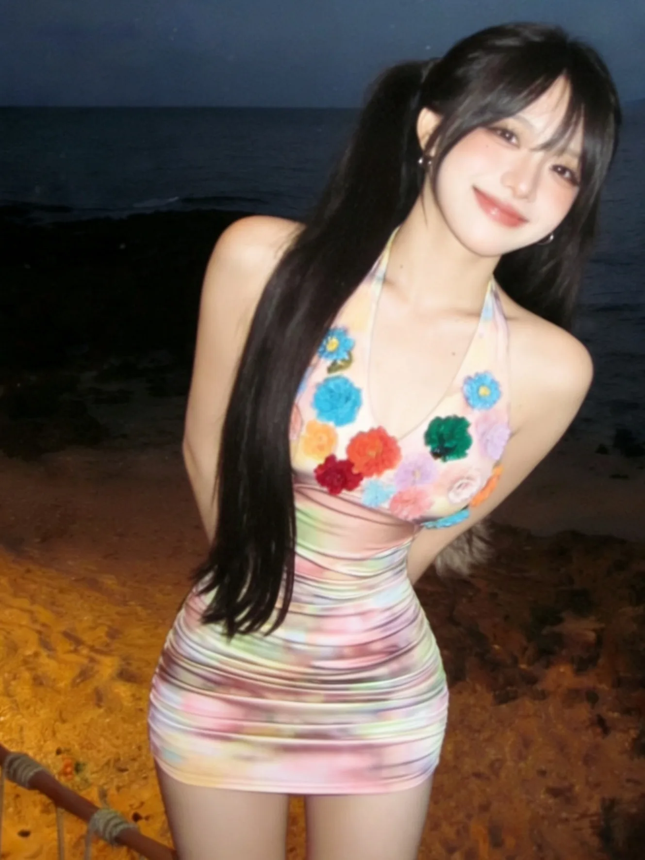 Sexy Sweet-and-Spicy Girl Pure Desire Floral Tie-Dye Bodycon  Skirt Backless Sleeveless Dress V-neck H-shaped Silhouette