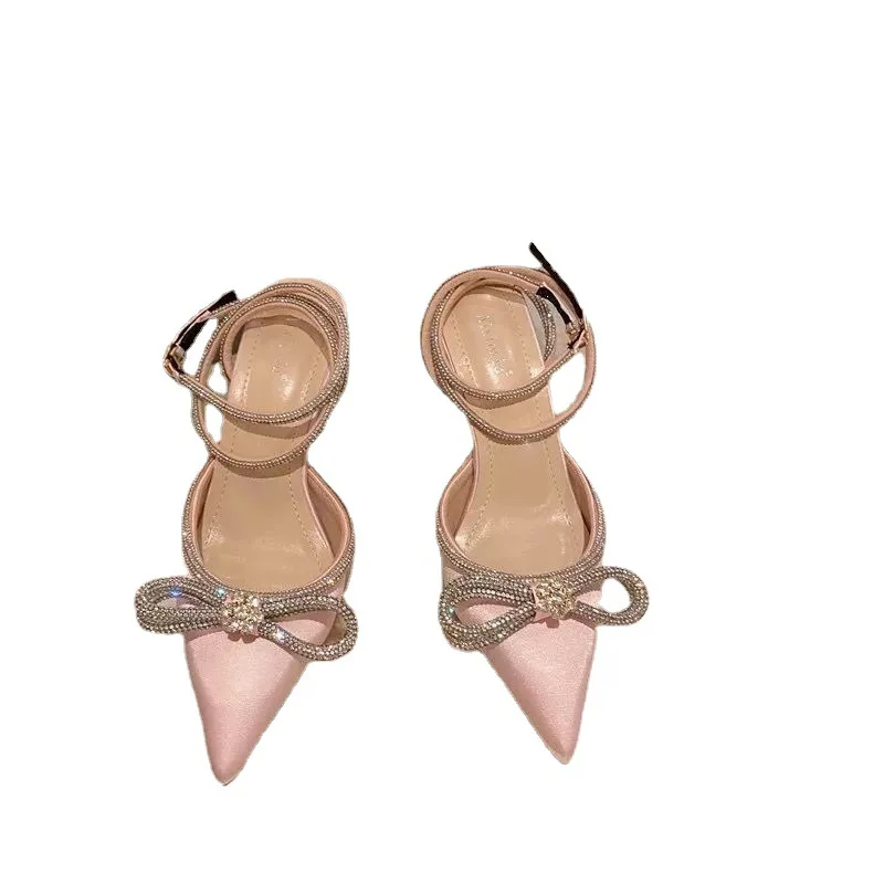 2024, New Fashion Glitter Rhinestones Women Pumps Crystal Bowknot Silk Pointed Toe Buckle Strap Thin High Heels Party Prom Shoes