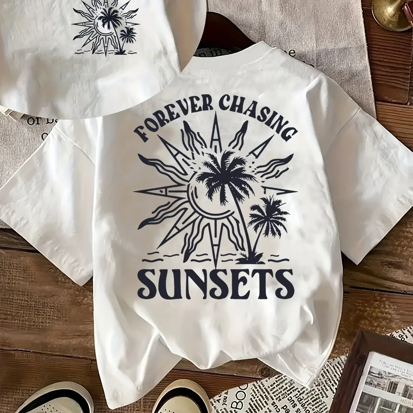 Camiseta Holgada de Algodón 100% para Hombre, Camiseta Informal con Estampado "Forever Chasing the Sunset"