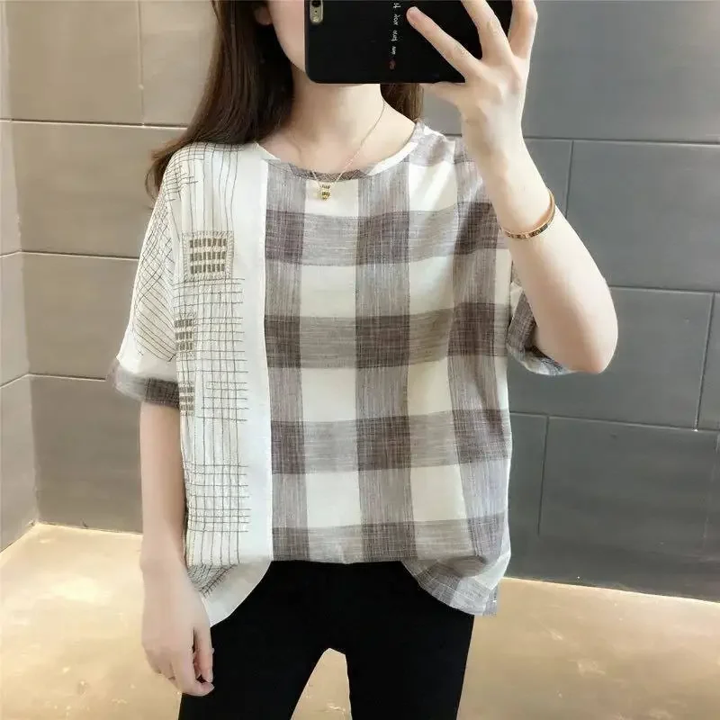 

Comfortable Printing Plaid Short Sleeve T-Shirts Round Neck Loose Pullovers Straight Fashion Casual Summer Thin Women's Clothing