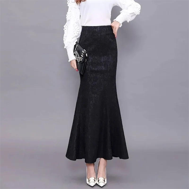 Autumn Female Hollow Out A-line Skirts Spring Women Solid Color Mermaid Long Skirts Korean Ladies New High Waist Lace Maxi Skirt