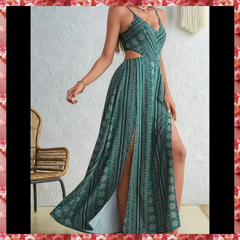 Robe d'été pour femmes, cravate au dos, col en V, florale, Maxi, tropicale, longue plage, vacances, fente latérale