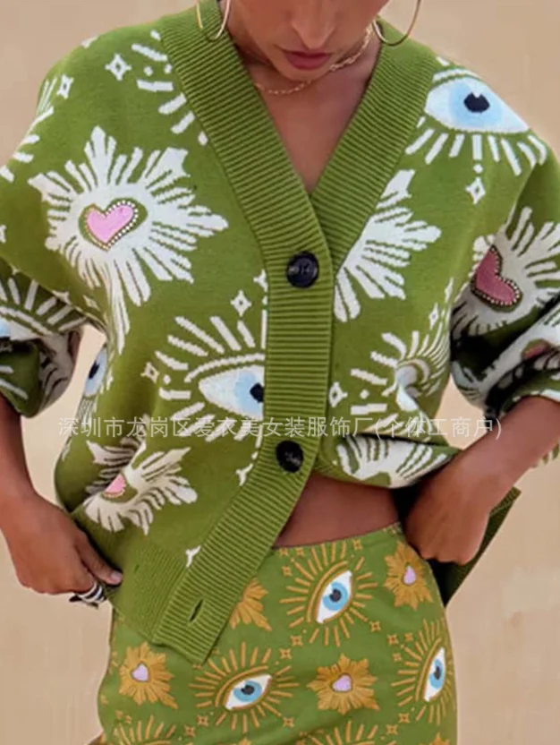 

Vintage Geometric Print Sweater Cardigan Woman Elegant Single Breasted V Neck Autumn Long Sleeve Loose Knitwear Top Mujer w17