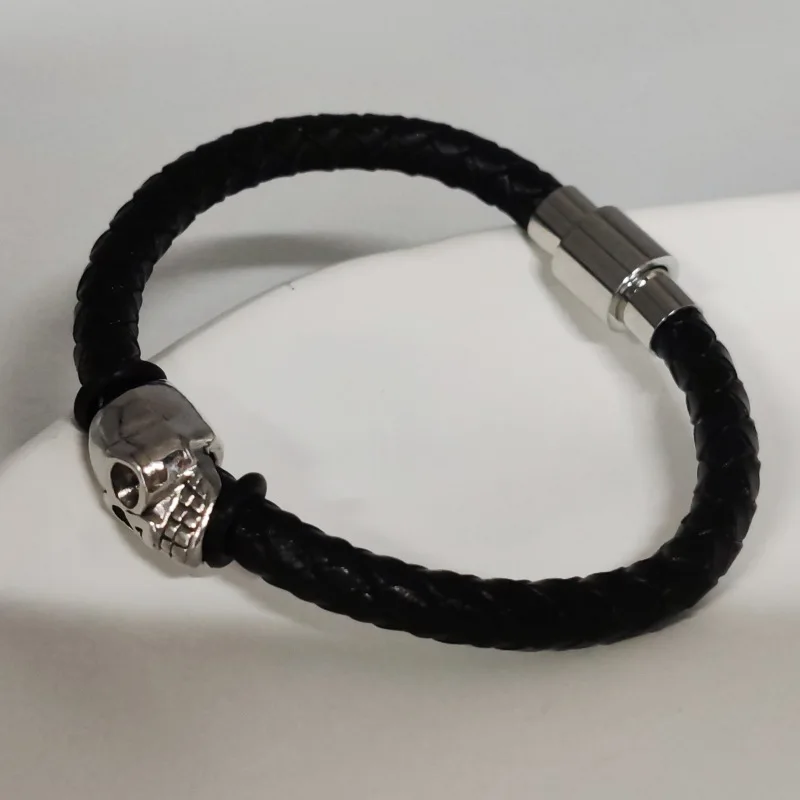 Hyperbole Men Jewelry Black Braided Leather Bracelets Alloy Leahter Bracelets Cool Skull Bracelets Men Bracelet