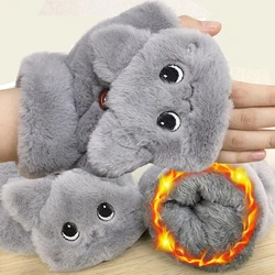 Cartoon Bear Cat Rabbit Gloves Fur Glove Women Winter for Women Girls Animal Ear Fold Plush Glove Fingerless Thicken Warm Mitten