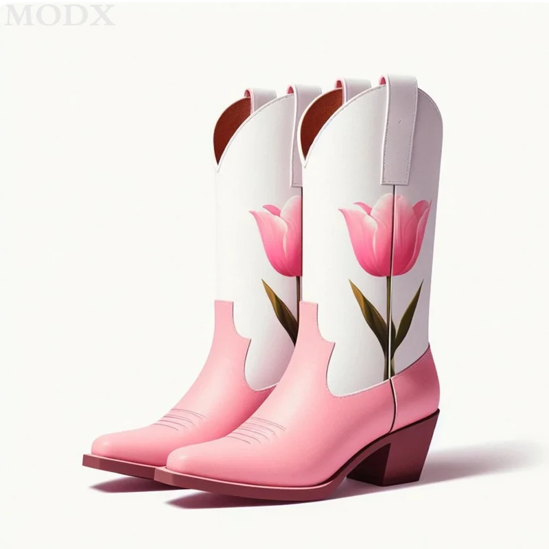 

Pink & White Tulips Print Chunky Heel Mid-Calf Cowboy Boots for Women Flower Embroidered Fashion Runway Shoes Zapatillas Mujer