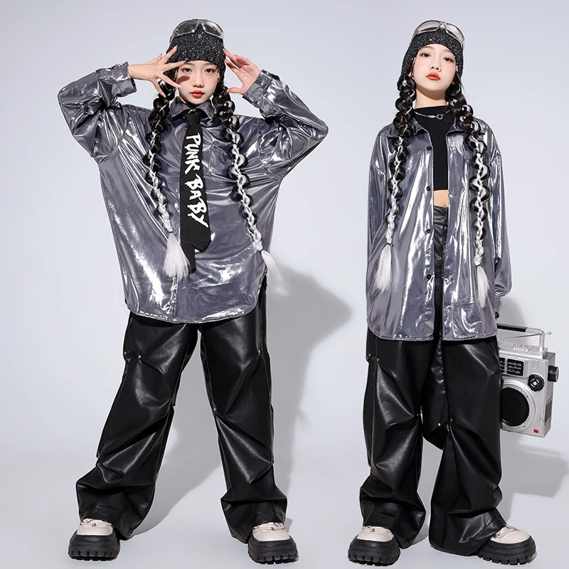 

Girls Jazz Dance Costume Kids Hip Hop Silver Shirt Black Vest Leather Pants Street Dance Clothing Fashion Show Stage Wear 2342