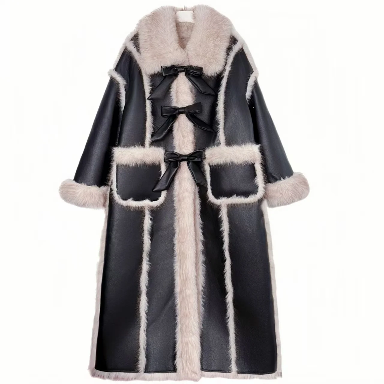 Faux Leather Coats for Women,Faux Fur Collar Long Jackets,French Style Overcoat,Female Clothes,Thicken Warm,Spliced,New,Winte