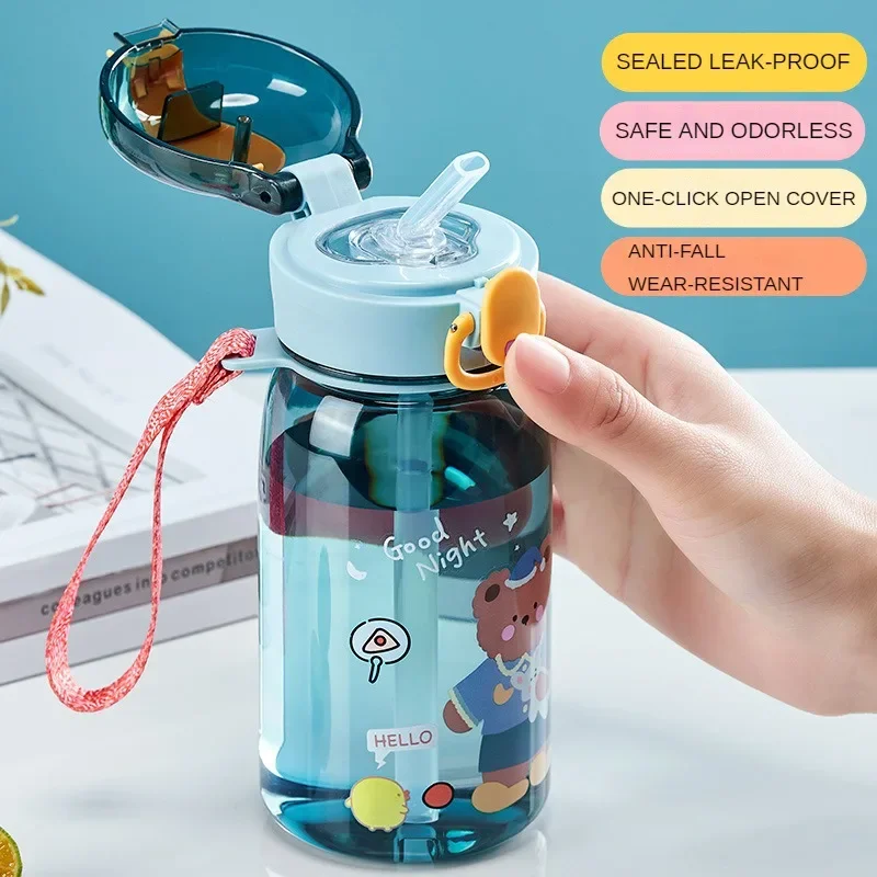 

400ML Cute Water Bottle with Straw And Rope Large Mouthed Sealed Lock Cup Small Bear Cartoon Pattern Outdoor Children Water Cup