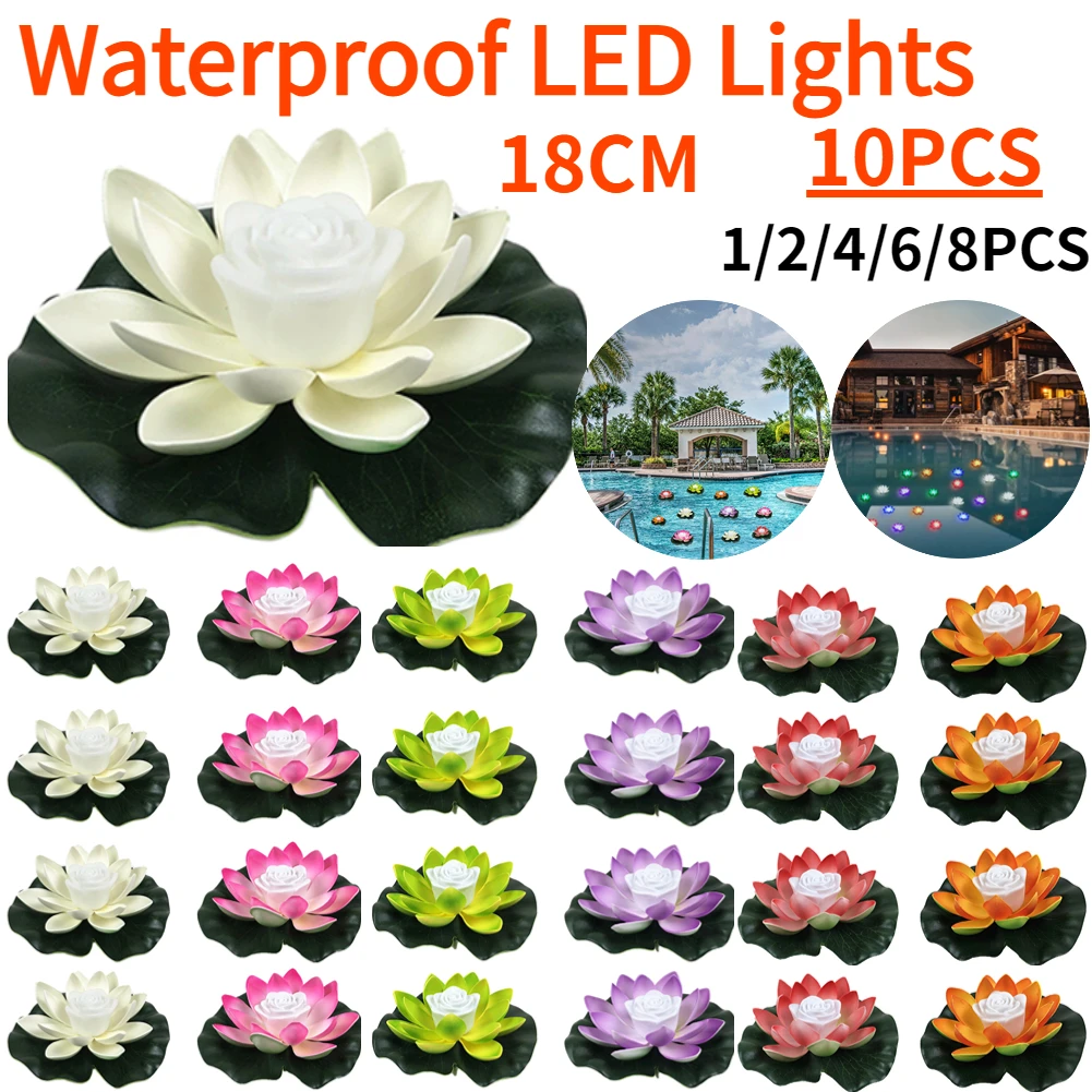 Luz LED de loto flotante a prueba de agua, lámpara nocturna de lirio Artificial, funciona con pilas, para estanque, piscina, jardín, tanque de agua, 10/1 piezas