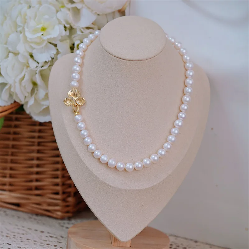 AAAA+10-11mm Natural seawater akoya white 18K copper thick gold-plated lucky grass single row pearl sweater chain 18inch