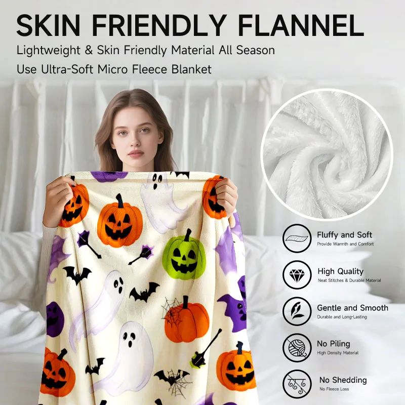 قطعة واحدة من بطانية الفانيلا متعددة الألوان بطابع الهالوين، ناعمة، مناسبة للأريكة والسرير والمكتب والاستخدام لجميع المواسم.