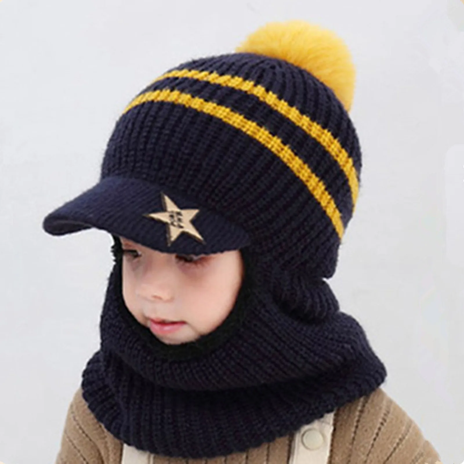 2024 Winter Kid Hooded Caps Windproof Ski Cycling Earflap Scarf Hat Toddler Baby Knit Thick Warm Beanie Cold Weather Accessories