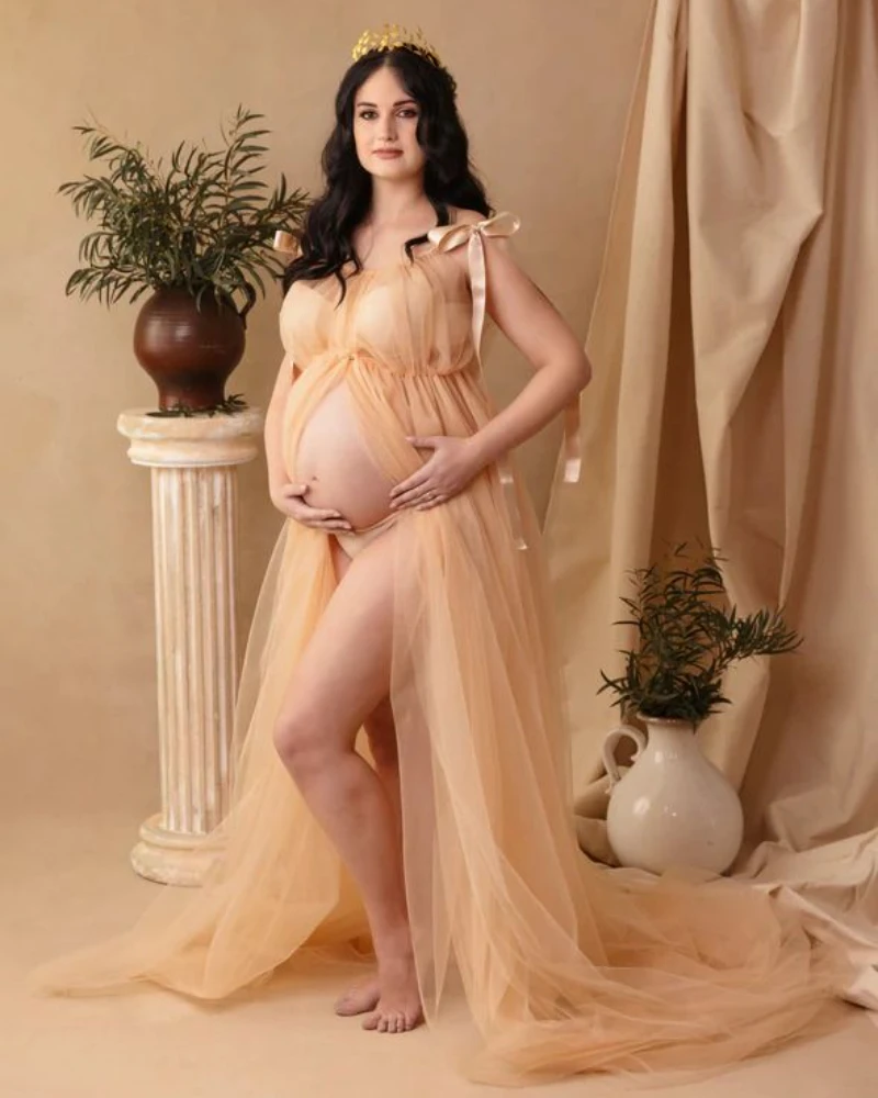 

Vintage Champagne Maternity Robes for Pregnant Women Simple Tulle Photography Dresses Sexy See Thru Customized Baby Shower Gowns