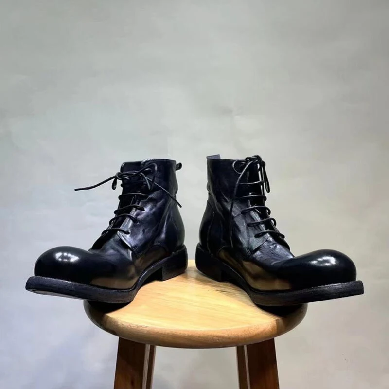 Vintage Man Leather Boot Desinger Men Ankle Boots Handmade Male Chunky Shoes