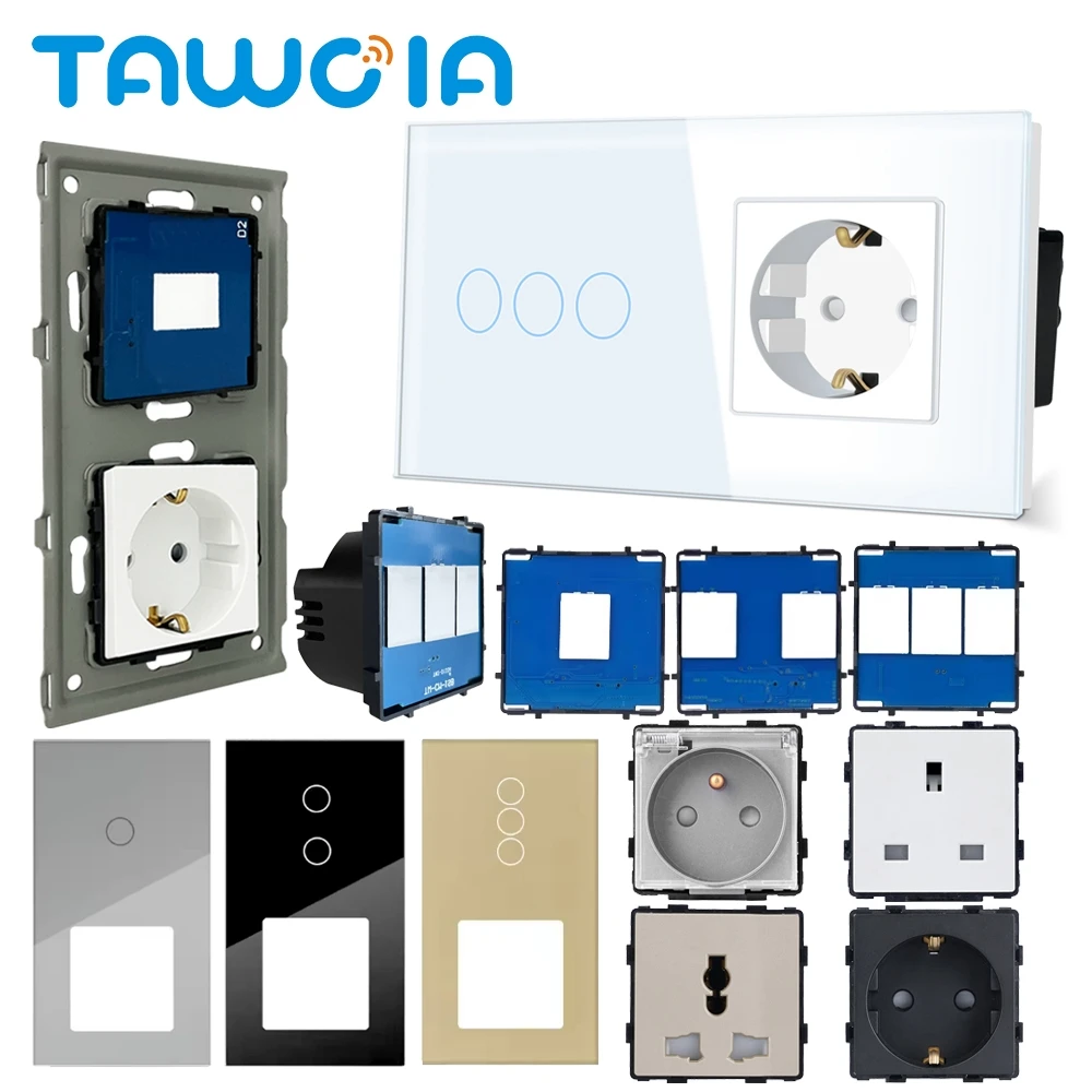 TAWOIA Switch With Socket Glass Panel Parts Touch Switch 1/2/3 Gang 1/2 Way Function Parts EU UK FR RU Electrical Sockets Part