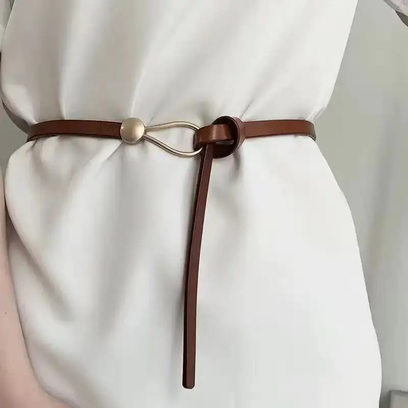 No-Hole geknoteter Gürtel Vintage Pu Leder Bund einfarbige Vintage dekorative Gürtel dünne Kleid Gürtel für Frauen – Detail 6