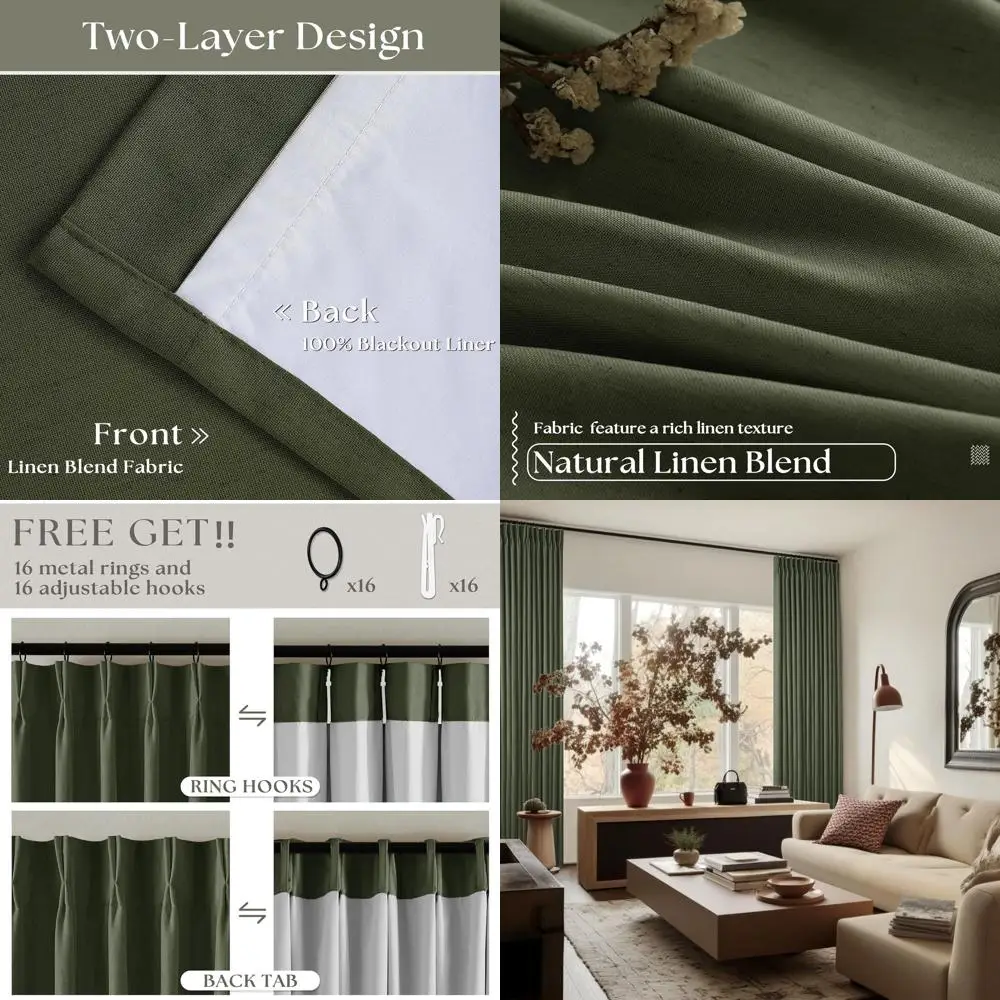 96 Double Layer Olive Green Pinch Pleat Blackout Curtains with Ring Hooks for Bedroom and Living Room