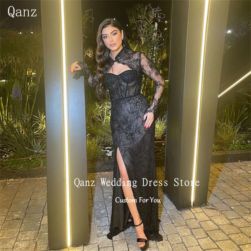 Qanz Sexy Dress Party Evening Celebrity Long Sleevs with Jacket Vestidos De Noche Black Mermaid Luxury Prom Dress Customized