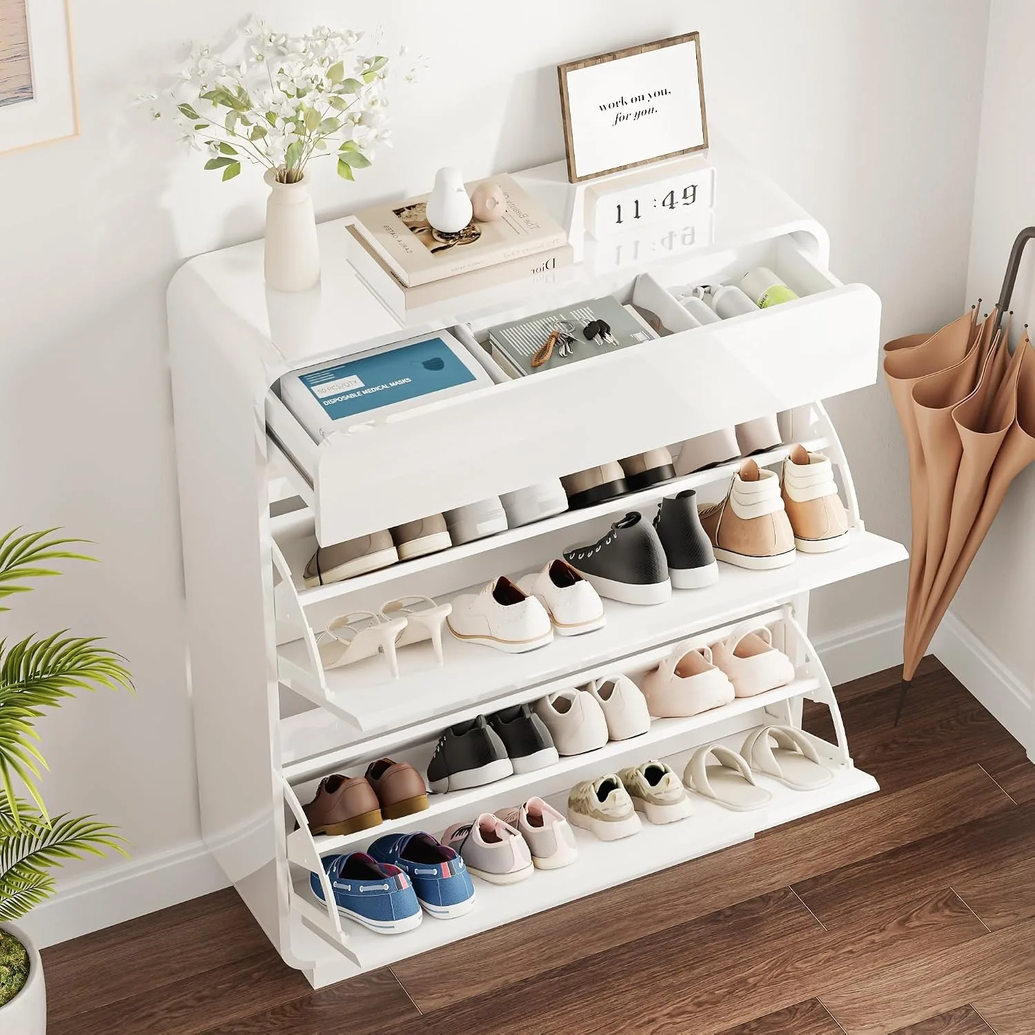 Modern Narrow Shoe Storage Organizer 2 Large Flip Drawers & Top Drawers Adjustable Shelves, Custom